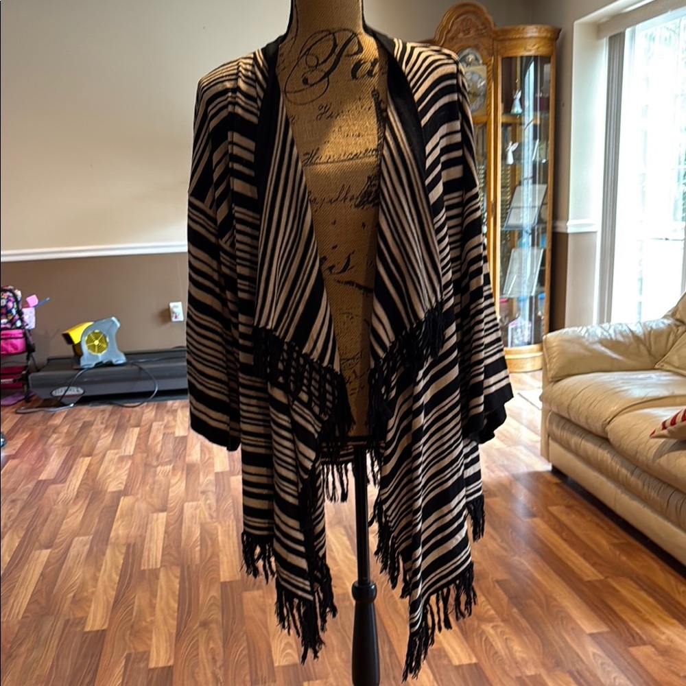 Calvin Klein black and cream open front cardigan with tassels and gold glitter